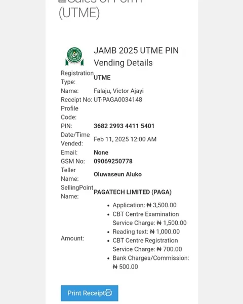 JAMB 2025 UTME Registration Voucher for Falaju, Victor Ajayi