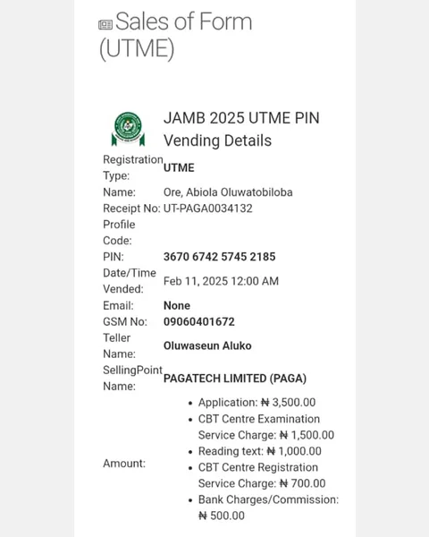 JAMB 2025 UTME Registration Voucher for Ore, Abiola Oluwatobiloba