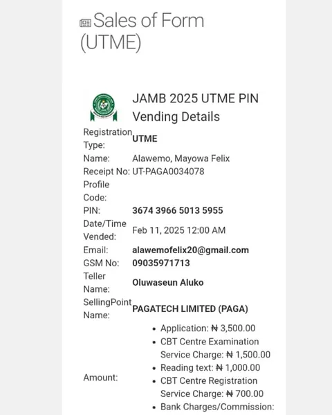 JAMB 2025 UTME Registration Voucher for Alawemo, Mayowa Felix