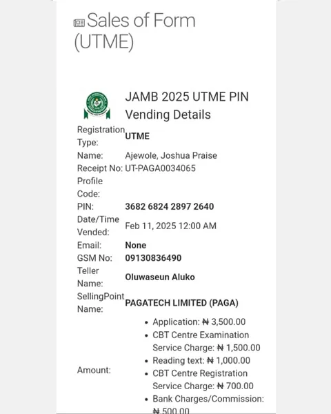 JAMB 2025 UTME Registration Voucher for Ajewole, Joshua Praise