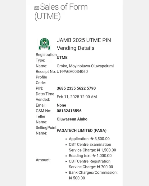 JAMB 2025 UTME Registration Voucher for Oroko, Moyinoluwa Oluwapelumi
