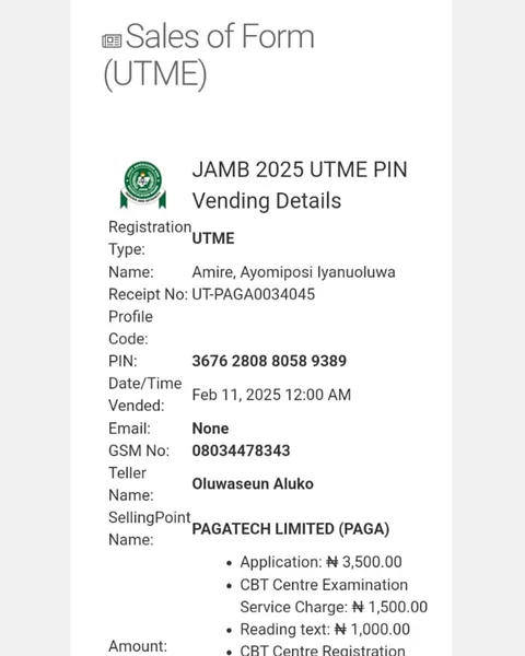 JAMB 2025 UTME Registration Voucher for Amire, Ayomiposi Iyanuoluwa