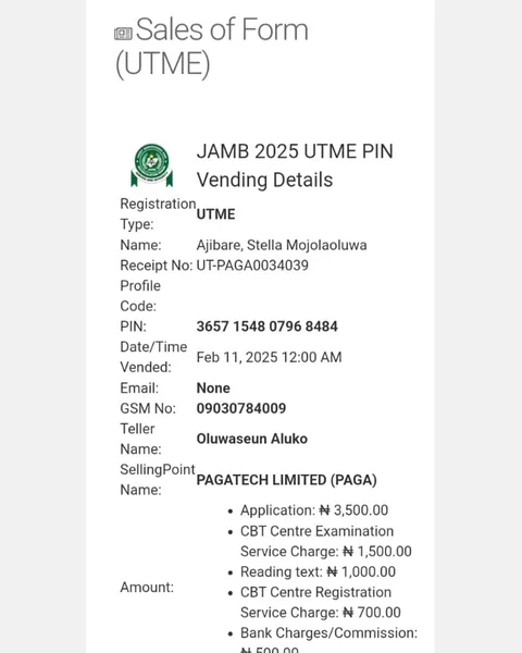 JAMB 2025 UTME Registration Voucher for Ajibare, Stella Mojolaoluwa