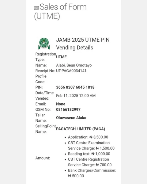 JAMB 2025 UTME Registration Voucher for Alabi, Seun Omotayo (Candidate 20)
