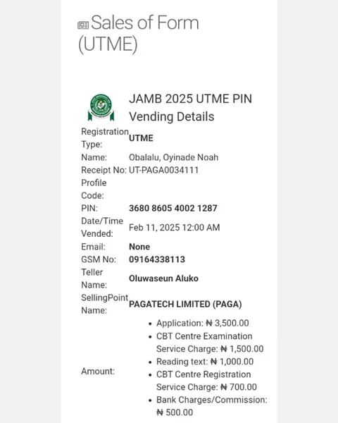 JAMB 2025 UTME Registration Voucher for Obalalu, Oyinade Noah (Candidate 23)