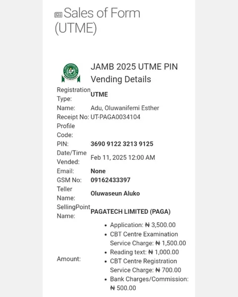 JAMB 2025 UTME Registration Voucher for Adu, Oluwanifemi Esther (Candidate 25)