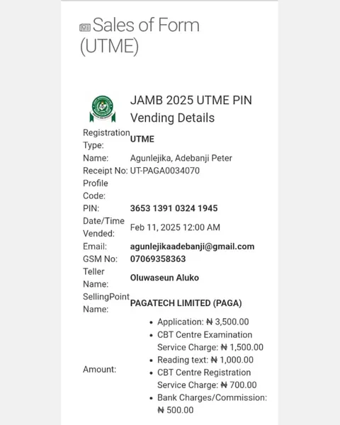 JAMB 2025 UTME Registration Voucher for Agunlejika, Adebanji Peter (Candidate 27)