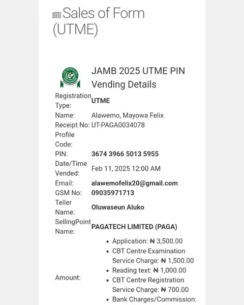 JAMB 2025 UTME Registration Voucher for Alawemo, Mayowa Felix (Candidate 28)