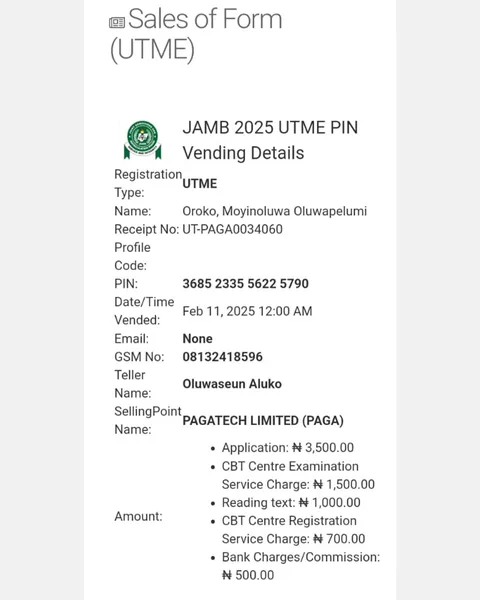 JAMB 2025 UTME Registration Voucher for Oroko, Moyinoluwa Oluwapelumi (Candidate 29)