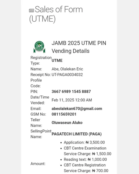 JAMB 2025 UTME Registration Voucher for Aba, Olalekan Eric (Candidate 31)