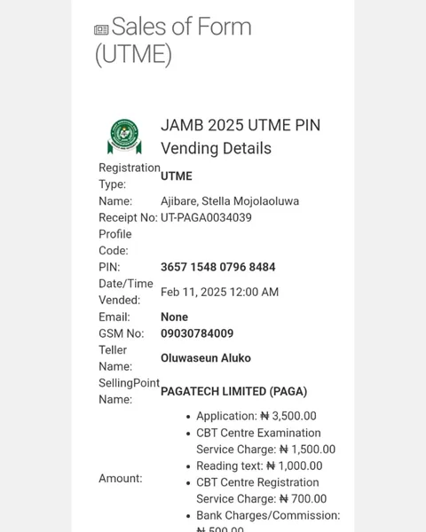 JAMB 2025 UTME Registration Voucher for Ajibare, Stella Mojolaoluwa (Candidate 32)
