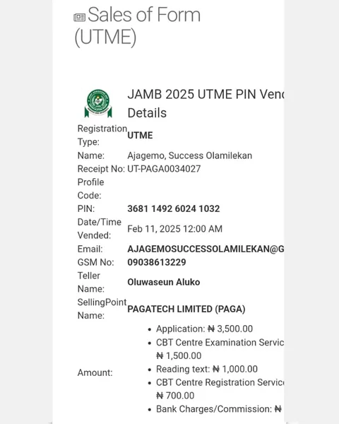 JAMB 2025 UTME Registration Voucher for Ajagemo, Success Olamilekan (Candidate 33)